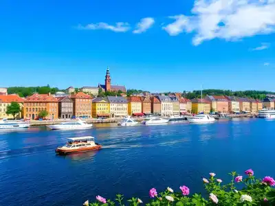 Colorful waterfront buildings in sunny Stockholm, Sweden.