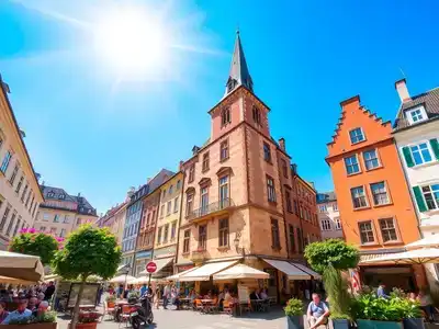 Colorful summer scene in Europe with outdoor cafes.