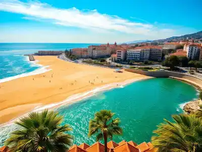 Coastal view of Málaga with beaches and palm trees.