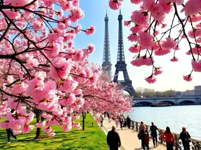 Paris in May with cherry blossoms and the Eiffel Tower.