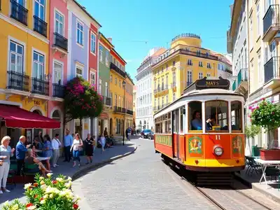 Colorful buildings and trams in sunny Lisbon, Portugal.