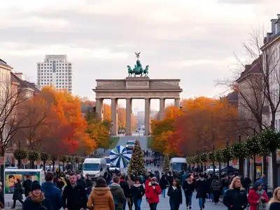 Berlin cityscape with autumn leaves in November.