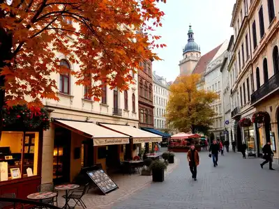 Charming European streets lined with autumn leaves in November.