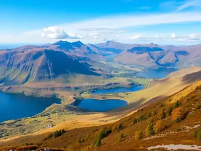 Scenic view of Snowdonia mountains and lakes in September.