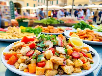 Colorful Mediterranean dishes in a sunny outdoor market.