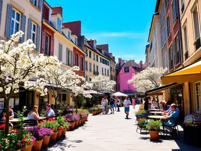 Sunny European street with blooming flowers in April.