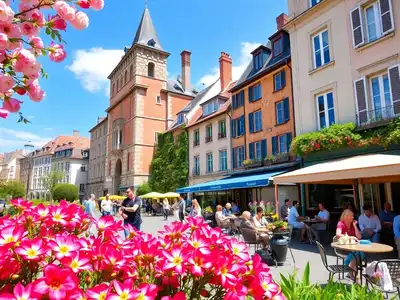 Colorful spring landscape with travelers in a warm destination.