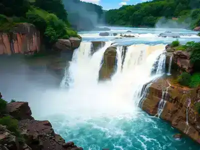 Powerful waterfall in Europe surrounded by lush greenery.