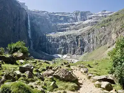 The rocky cliff face of the Gavarnie Falls in France.