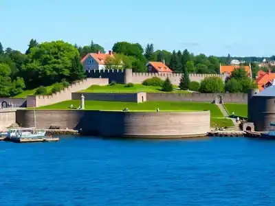 Historic Suomenlinna fortress with greenery and blue waters.