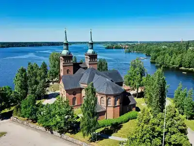 tyrvaa church overlooking the river