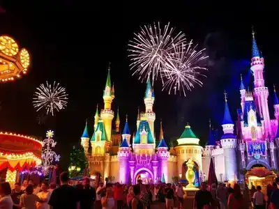 Disneyland Paris lit up at night with fireworks.