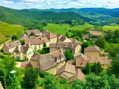 Quaint French village with stone buildings and green landscapes.