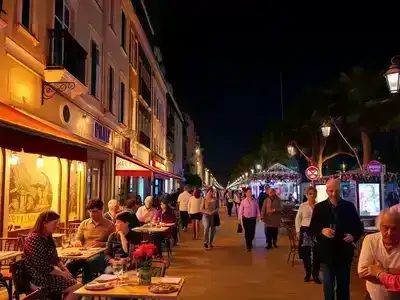 Couples and families enjoying nightlife in Nice’s streets.