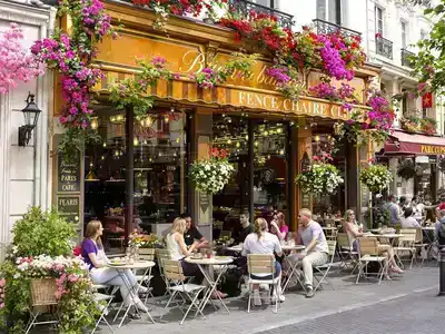 Couples dining at a Parisian café with vibrant ambiance.