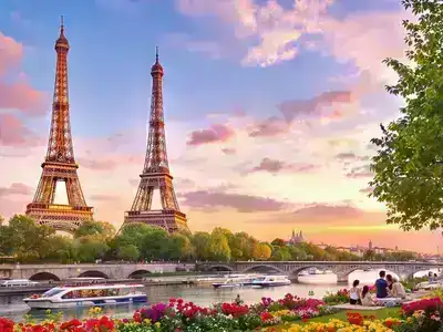 Couples enjoying Paris with Eiffel Tower in the background.