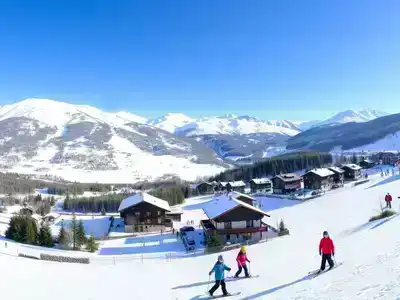 Snowy ski slopes with beginner skiers and cozy chalets.