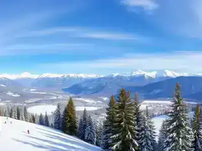 Snowy French ski resort with skiers and mountains.