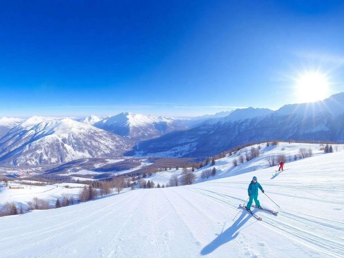 Snowy French Alps with skiers on scenic slopes.