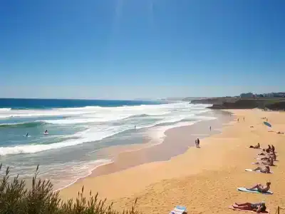 Surfers riding waves on a sunny French beach.