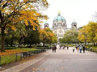 Seniors walking in a park with autumn foliage.