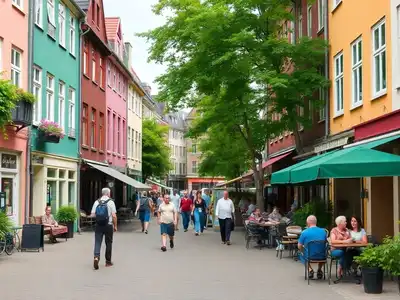 Colorful buildings and lively outdoor cafes in Hamburg.