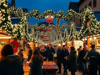 Festive Christmas market in Germany with lights and stalls.