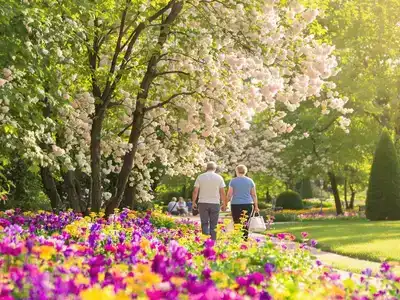 Elderly couples walking peacefully in a beautiful park.