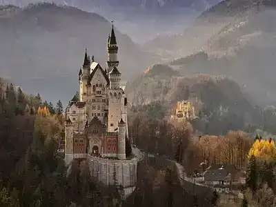 Neuschwanstein Castle with a misty background