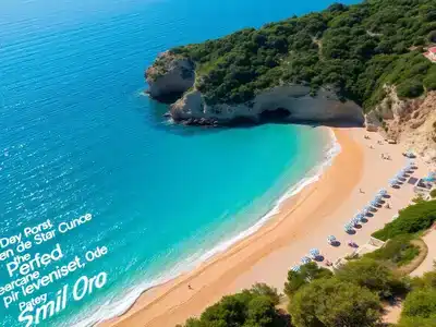 Aerial view of a beautiful Greek beach with turquoise water.