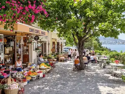 Couples and families enjoying food in Corfu’s vibrant market.