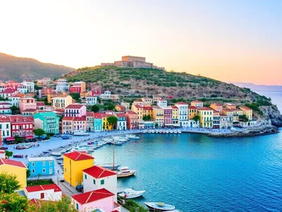 Sunset view of Nafplio's coastline and historic architecture.
