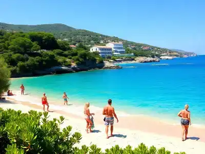 Family enjoying a sunny day at a Greek beach.