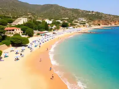 Family enjoying a beach day at a Greek resort.