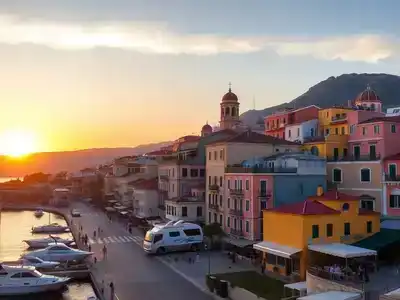 Nafplio old town at sunset with colorful buildings.