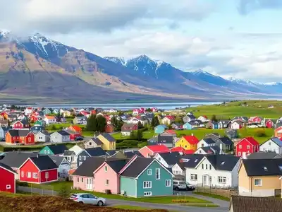 Colorful houses and mountains in Akureyri, Iceland.