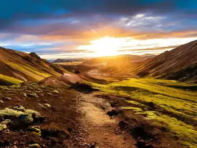 Hiking Trail in Icelandic landmannalaugar; sunset landscape