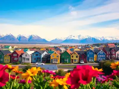 Colorful Reykjavik houses with mountains in the background.