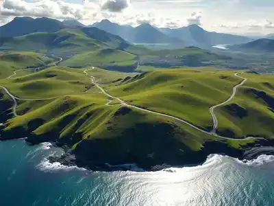 Aerial view of lush Ring of Kerry landscape in Ireland.