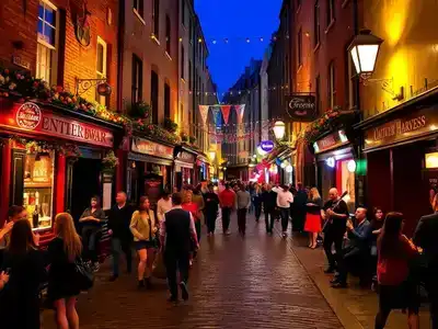 Lively Temple Bar at night with colorful pubs and crowds.