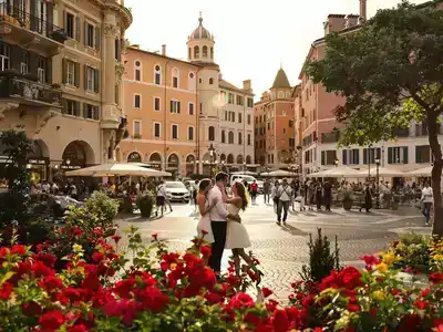 Couples enjoying a romantic moment in a scenic piazza.