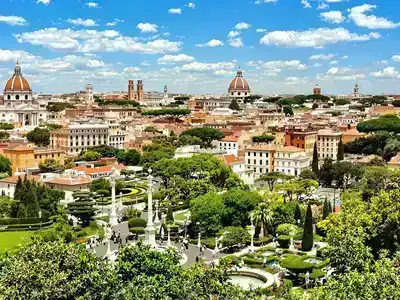 Scenic view of Rome with couples and landmarks.