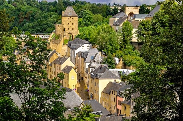 Arial view of yellow stone houses surrounded by trees in Luxembourg city