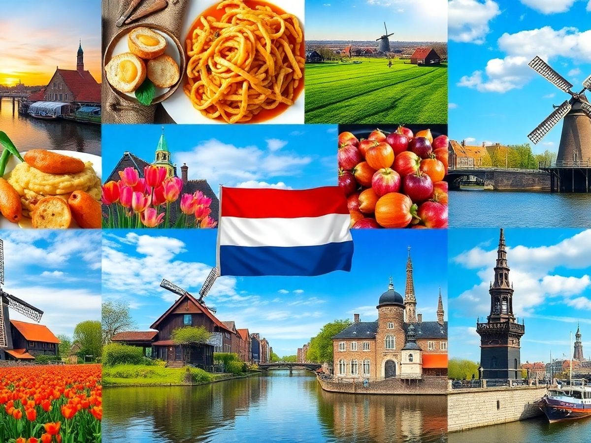 Colorful collage of Dutch landscapes, food, and nightlife.