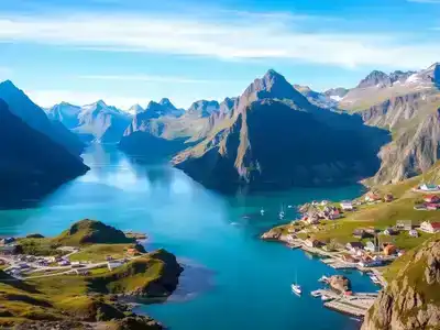 Dramatic peaks and turquoise waters of Lofoten Islands.