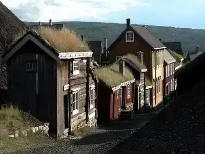 Røros, Norway, old cottages on a hillside