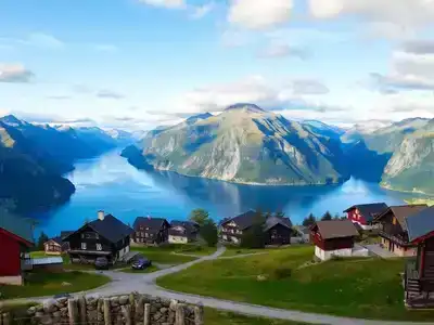 Scenic landscapes of Norway with fjords and wooden houses.