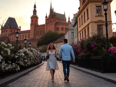 Couple enjoying a romantic walk in Krakow.