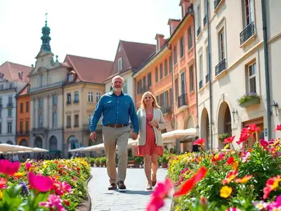 Couple enjoying a sunny day in Krakow’s historic streets.