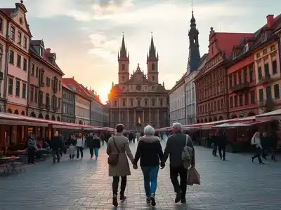 Krakow's Market Square at sunset with couples and families.